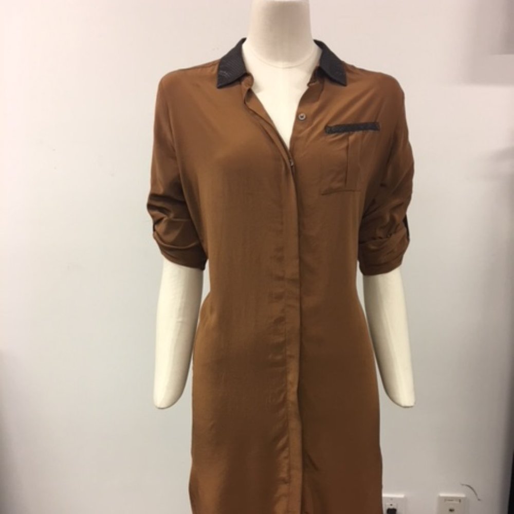 Club Monaco Silk Shirt Dress w/Leather Collar Sz 4